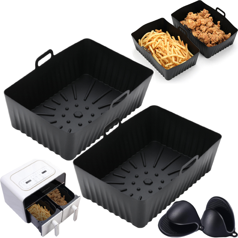 Kitchen Baking Zone - シリコーンエアフライヤーライナーノンスティックデュアルゾーンノンフライヤートレイ金型忍者 7.6-9.5L バスケットオーブン調理ポットキッチンアクセサリー