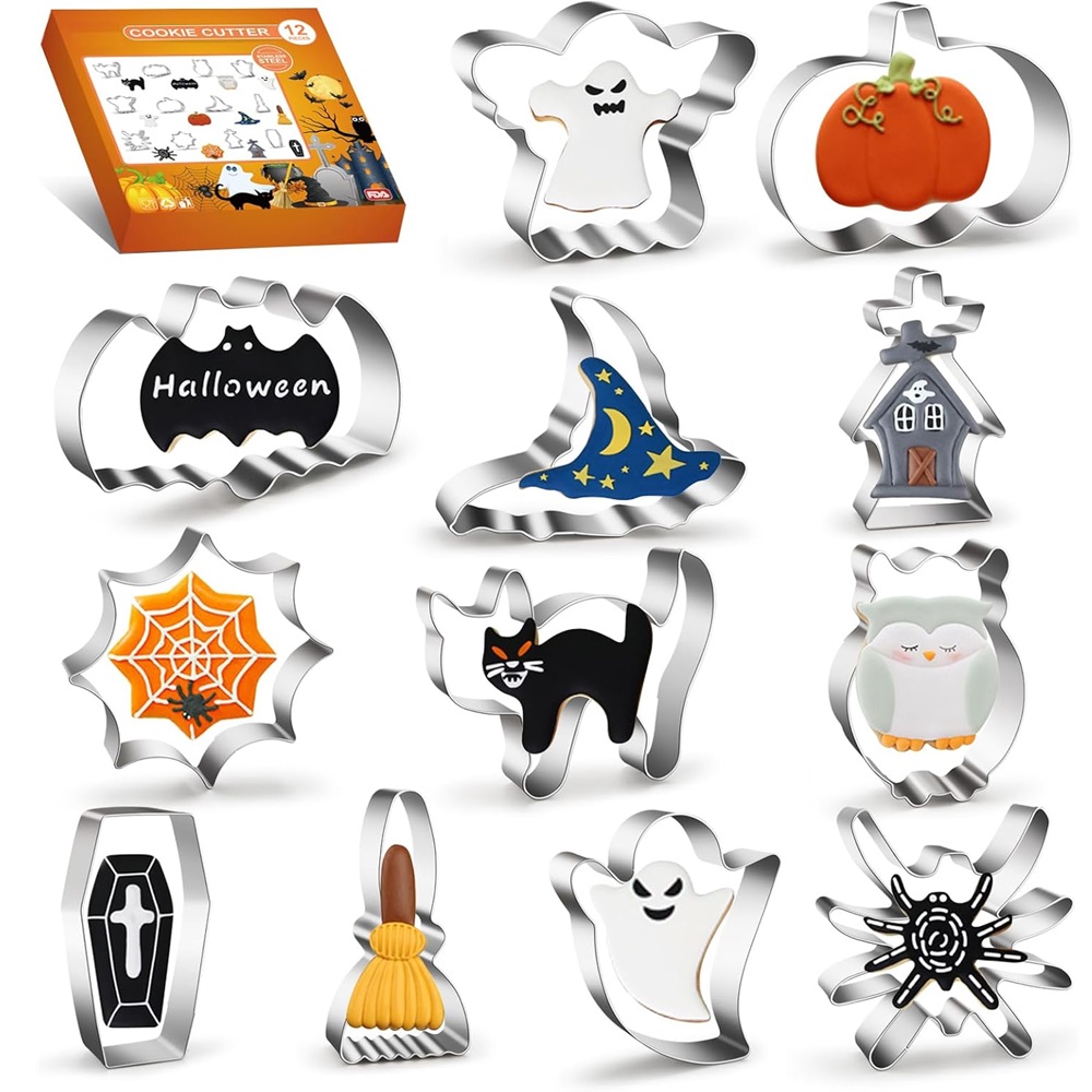 Cookie Cutter Set - ハロウィン用クッキーカッターセット、ステンレス製の金属製クッキーカッター、スカルと蜘蛛の巣の型、ホリデーベーキング、フォンダン、K用