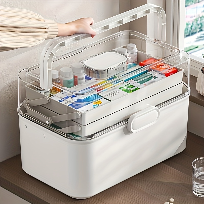 Kitchen Zo - 大容量透明蓋付き薬収納ボックス/ディスペンサーボックス - プラスチック製薬品収納キャビネット、家庭、オフィス、キッチン、バスルーム、寝室用多目的オーガナイザーボックス - 薬や事務用品用の省スペースカウンタートップオーガナイザー -