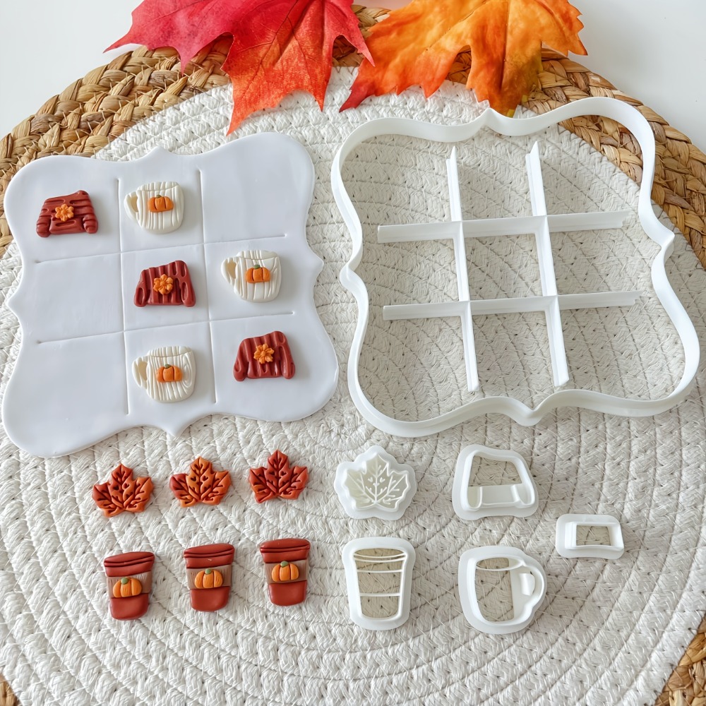 Cookie Cutter Set - 7個入り秋の三目並べクッキーカッターセット、セーター柄カップとカエデの葉のミニクッキー型、ベーキングパーティーや子供向けアクティビティに最適
