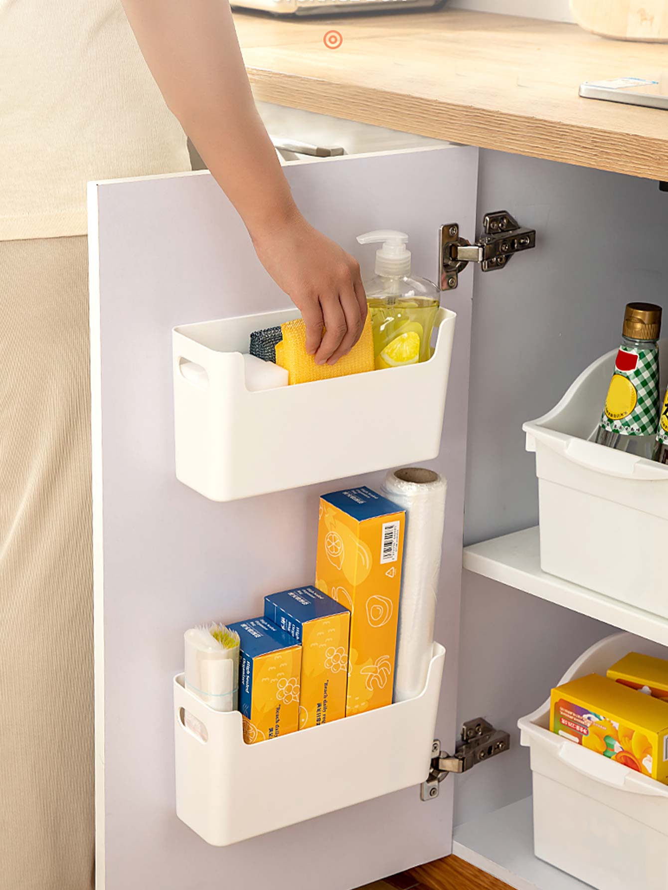 Kitchen Zo - パンチフリーキャビネットドアオーガナイザープラスチック壁掛け収納ボックススポンジホルダーキッチン収納整理用ラップフィルムホルダー