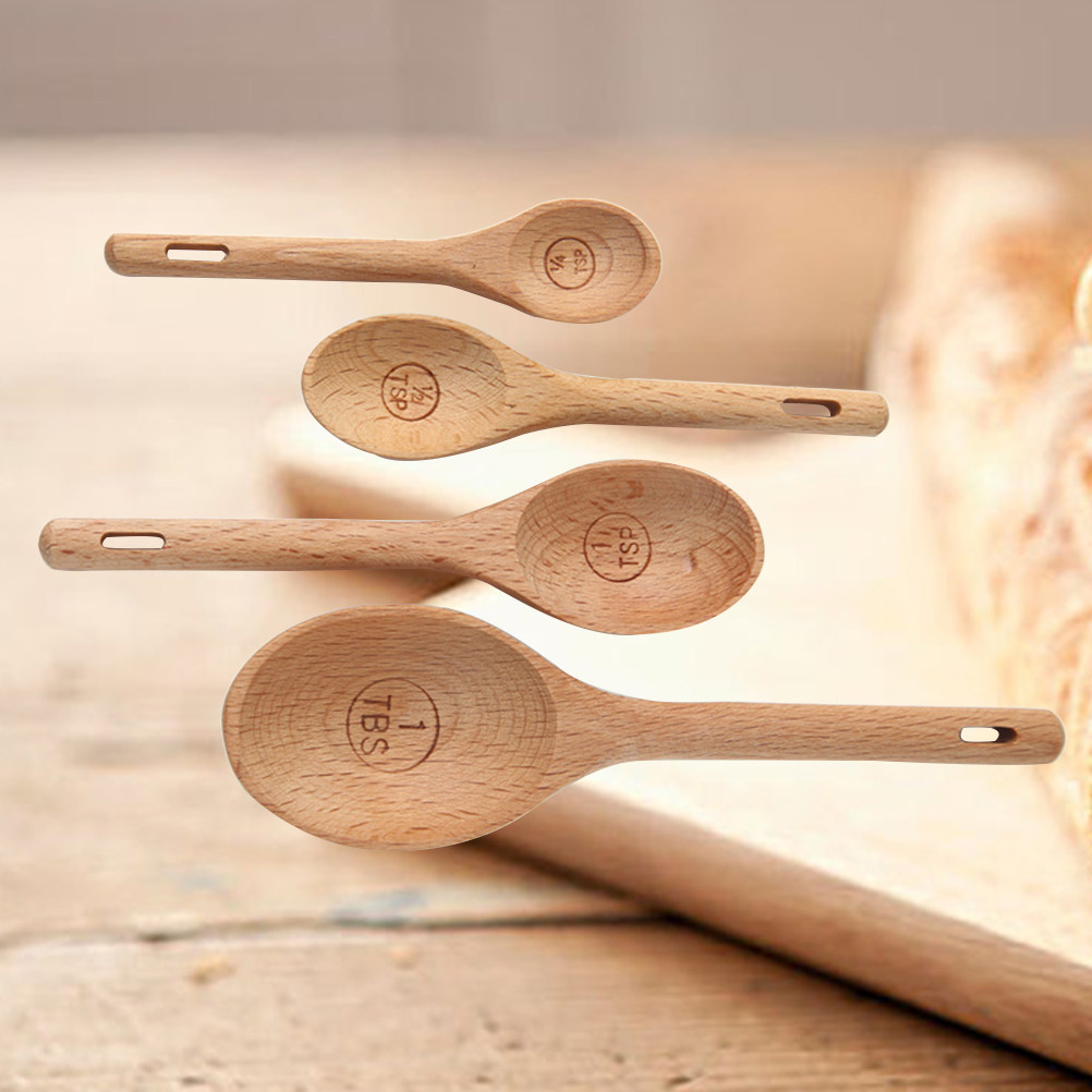 Kitchen Baking Utensil Set - 4個入り木製計量スプーンセット、ブナ材、正確な刻印入りキッチンツール、乾燥・液体材料用、ベーキング用品セット
