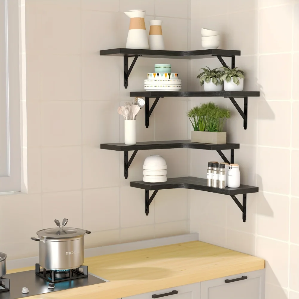 天然木目調フローティングシェルフ 壁掛けコーナー収納 モダン - Kitchen Zo のレビューと価格