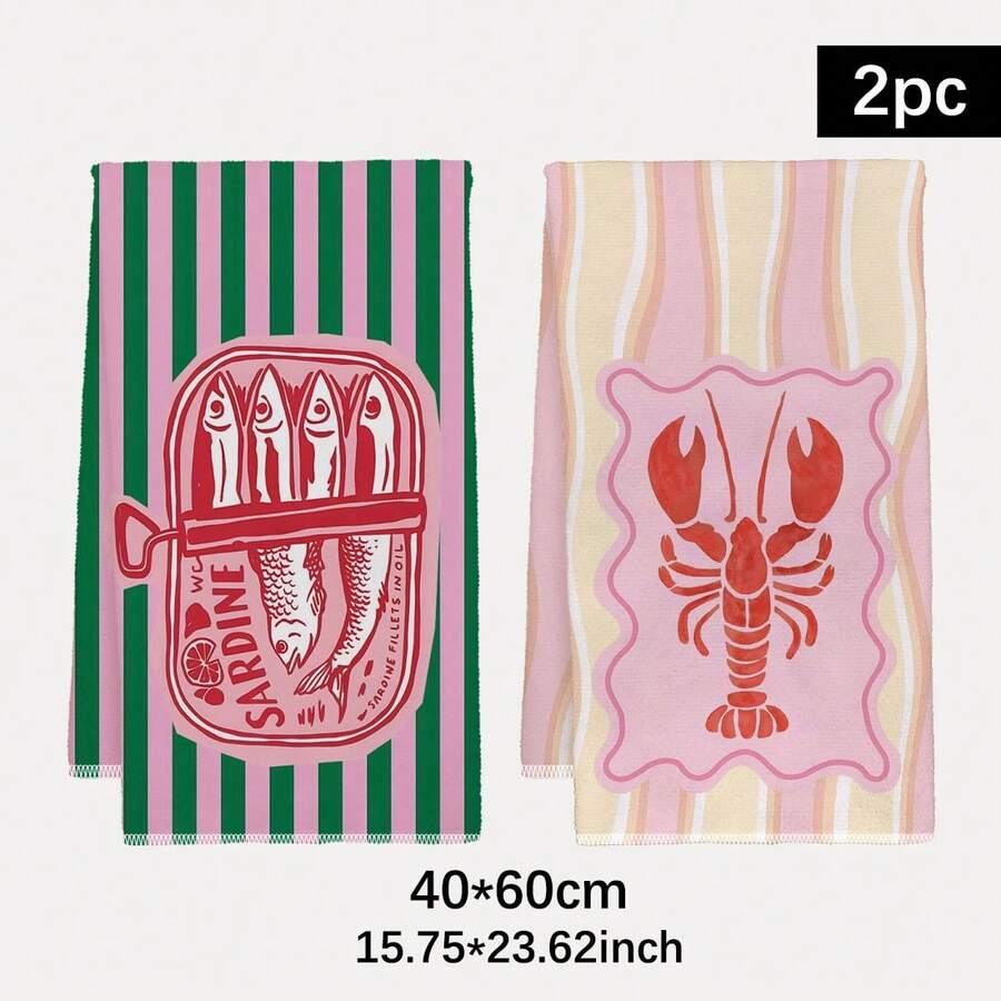 2枚セット、ピンクとグリーンのストライプ模様のエビと魚柄キッ - Kitchen Baking Essentials のレビューと価格