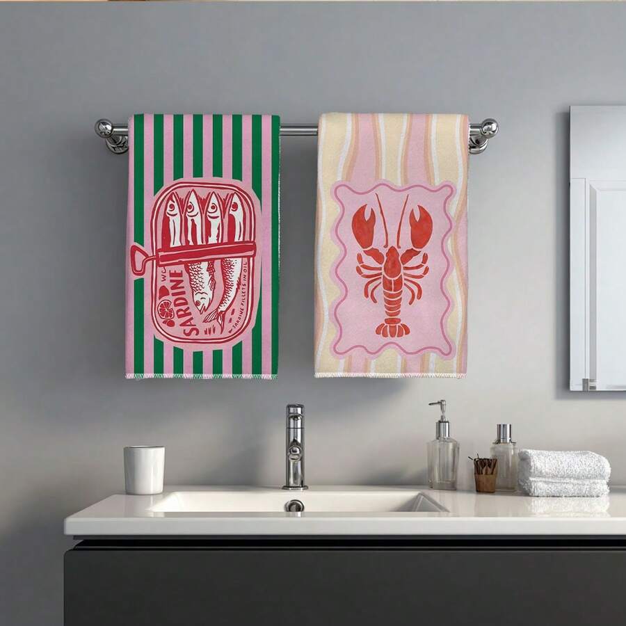 2枚セット、ピンクとグリーンのストライプ模様のエビと魚柄キッ - Kitchen Baking Essentials のレビューと価格