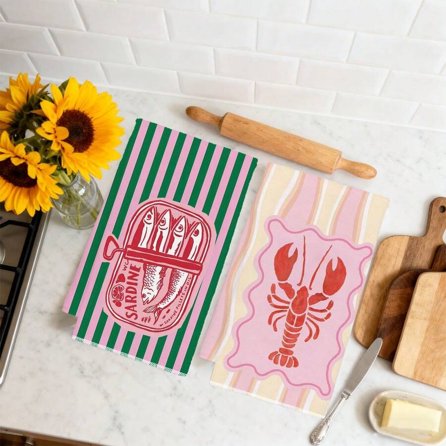 2枚セット、ピンクとグリーンのストライプ模様のエビと魚柄キッ - Kitchen Baking Essentials のレビューと価格
