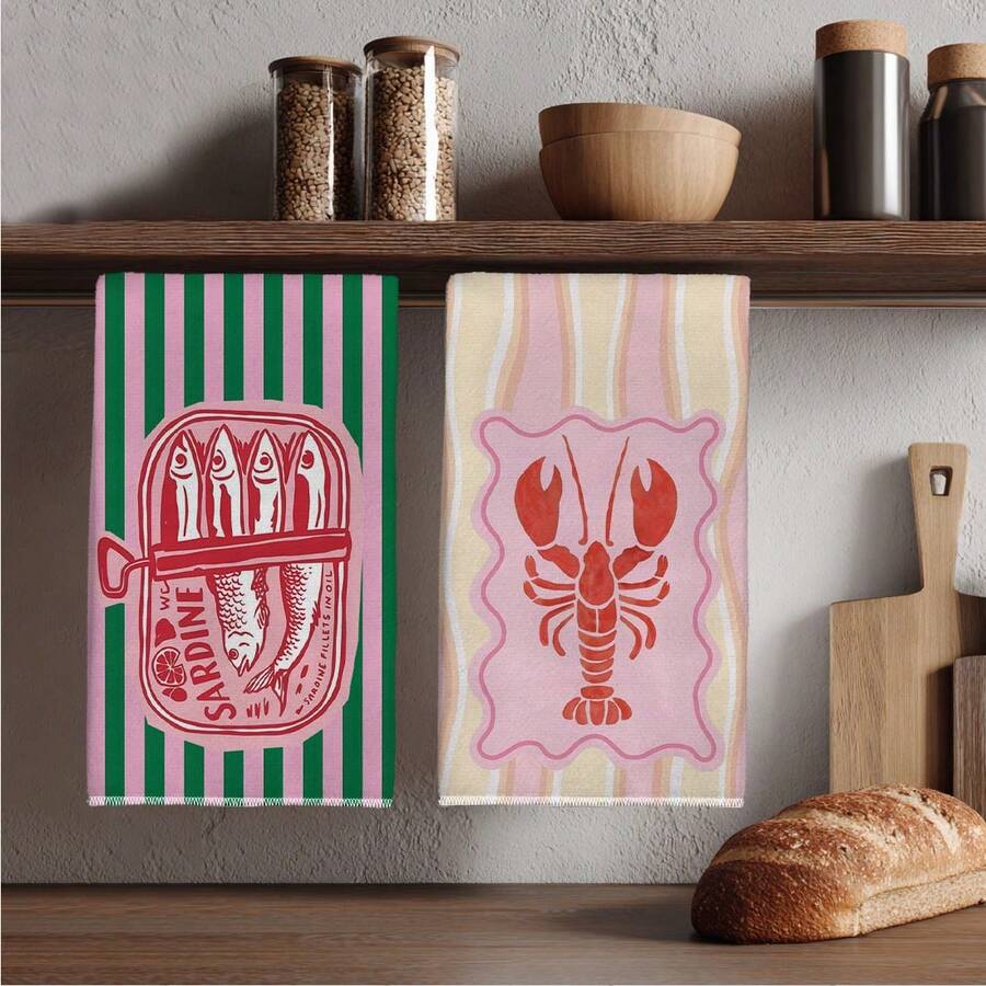 2枚セット、ピンクとグリーンのストライプ模様のエビと魚柄キッ - Kitchen Baking Essentials のレビューと価格