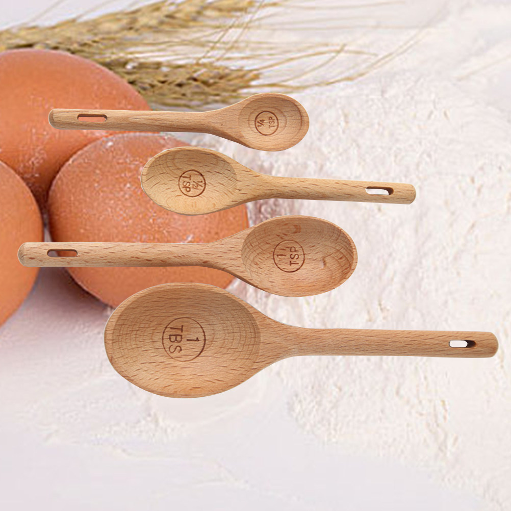 4個入り木製計量スプーンセット、ブナ材、正確な刻印入りキッチ - Kitchen Baking Utensil Set のレビューと価格