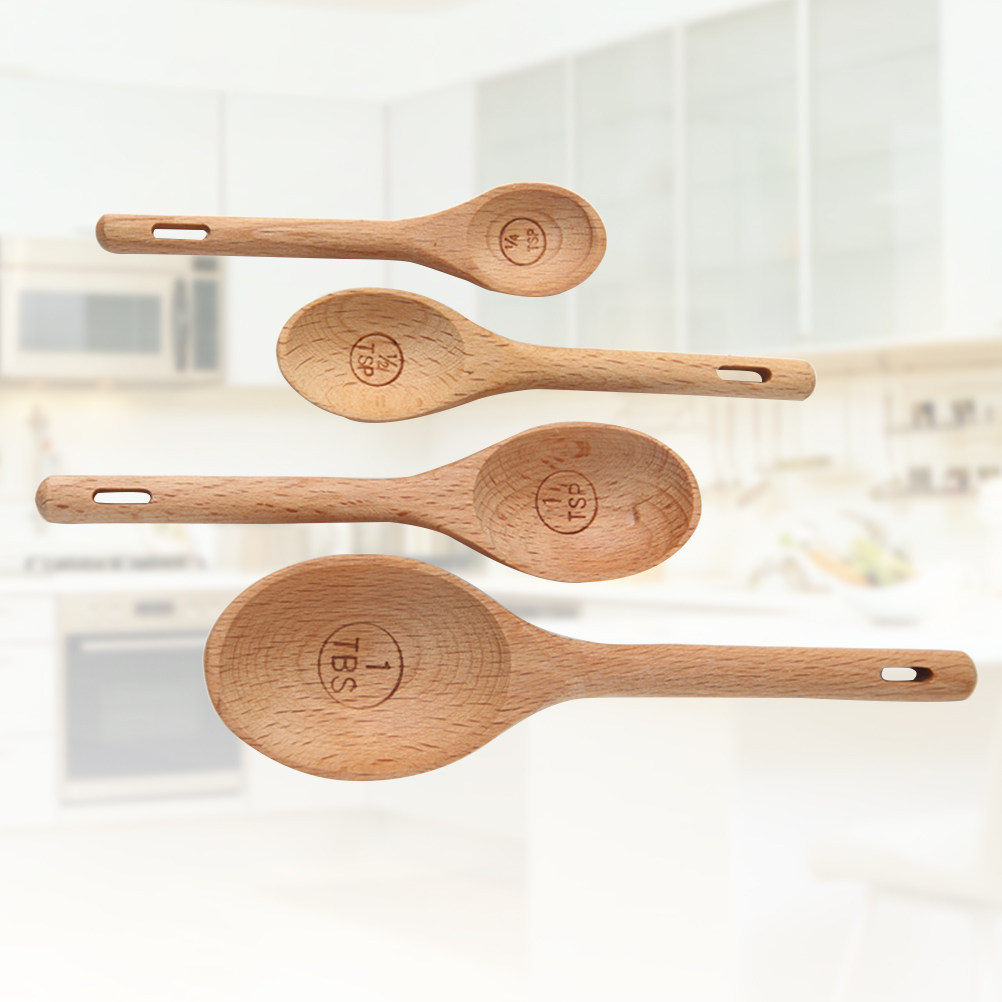 4個入り木製計量スプーンセット、ブナ材、正確な刻印入りキッチ - Kitchen Baking Utensil Set のレビューと価格